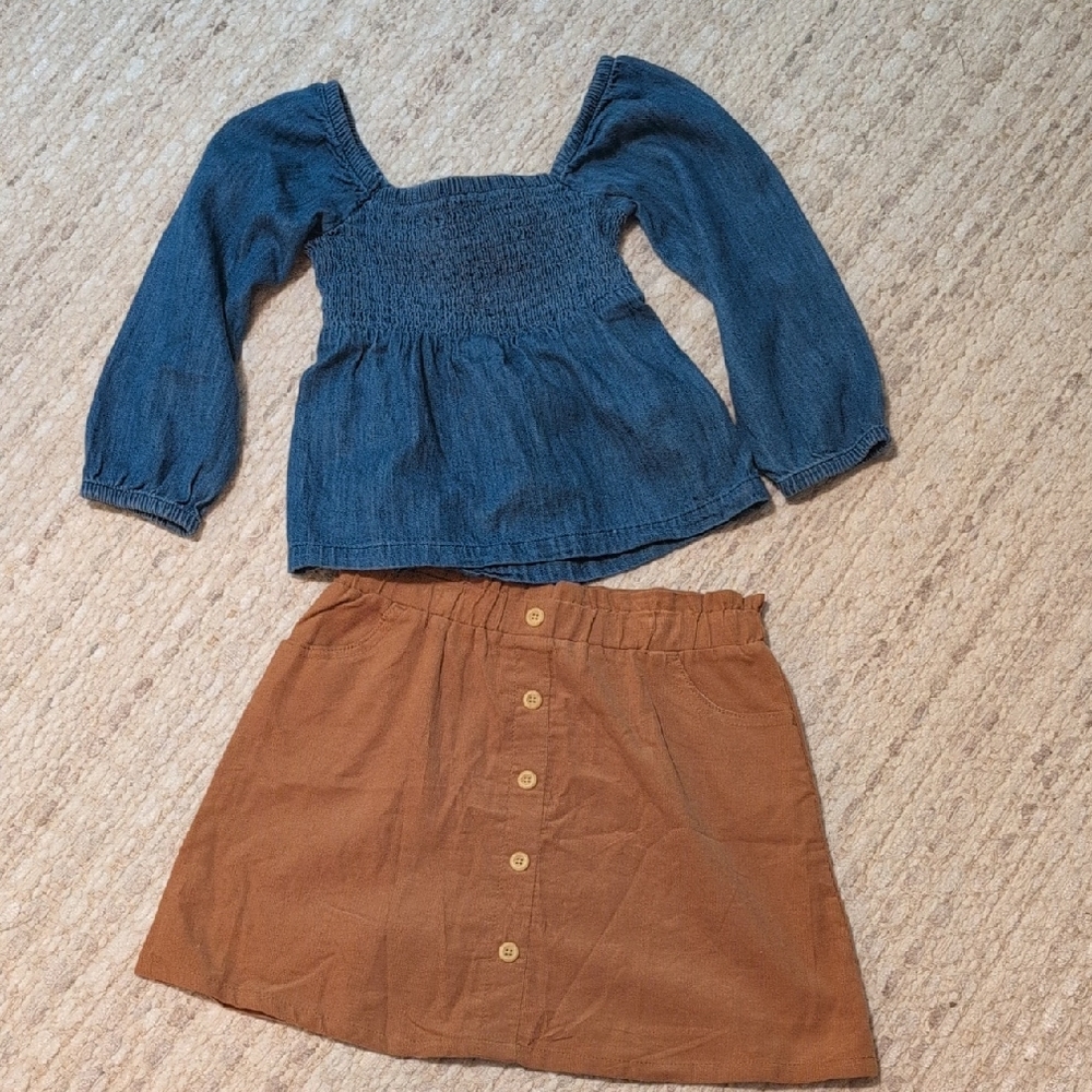 Denim Smocked Peasant Top & Rust Button Front Skirt Set